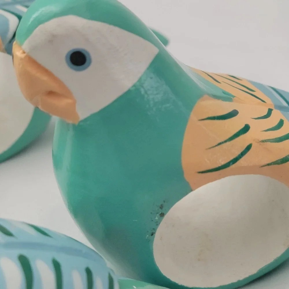 Vtg Wooden Parrot Napkin Rings 6 Pastel Hand Carved Painted Birds Philippines